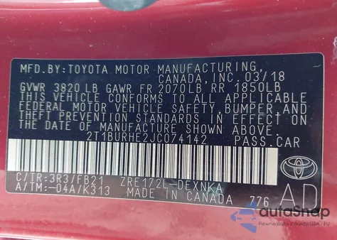 2018 Toyota Corolla Le z USA, uszkodzony, nr VIN 2T1BURHE2JC074142